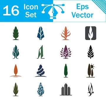 Set of 16 vector icons featuring various green and blue cypress tree designs Stock Illustration