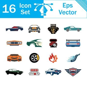 Set of 16 vector icons of muscle cars engines auto parts with icon set Stock Illustration