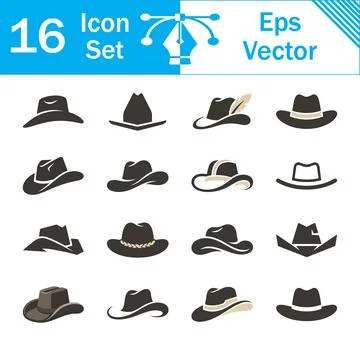 Set of 16 vector icons representing various cowboy hat styles and designs Stock Illustration