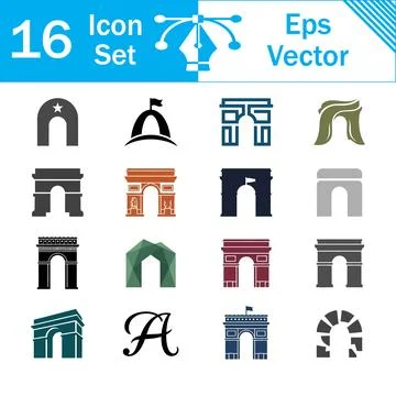 Set of 16 vector icons representing various architectural arches and monument Stock Illustration