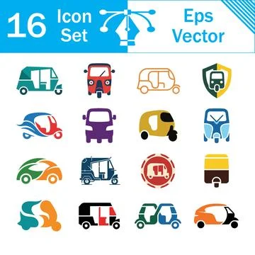 Set of 16 vector icons representing auto rickshaws and tuk tuks with icon set Stock Illustration