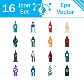 Set of 16 vector icons representing the famous london clock tower with big be 스톡 일러스트