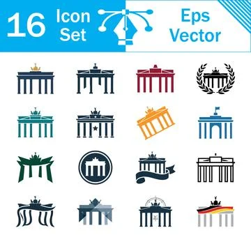 Set of 16 vector icons representing brandenburg gate in berlin with berlin .. Stock Illustration