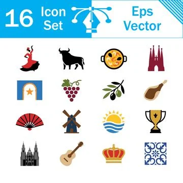 Set of 16 vector icons representing spanish culture food famous landmarks イラスト素材