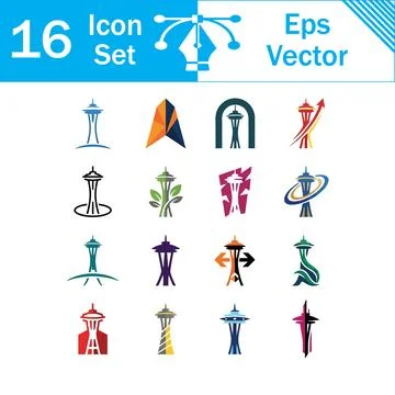 Set of 16 vector icons representing seattle architecture and famous landmarks Stock Illustration