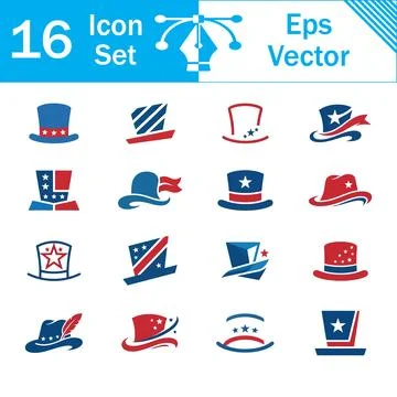 Set of 16 vector icons representing patriotic american top hats in red and bl Stock Illustration