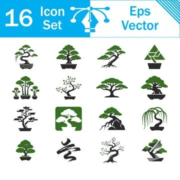 Set of 16 vector icons showcasing japanese bonsai trees in pots with bonsai.. Illustrazione stock