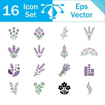 Set of 16 vector lavender and floral herb icons with herb symbols 스톡 일러스트