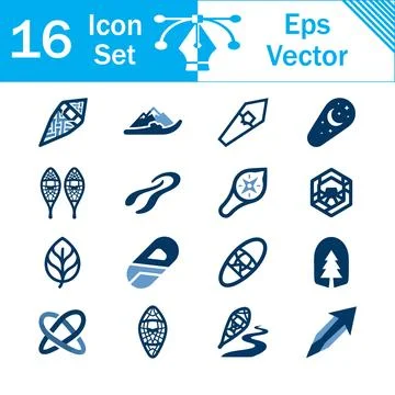 Set of 16 vector snowshoe and winter outdoor activity icons with snowshoe Stock Illustration