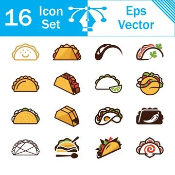 Set of 16 vector taco icons featuring different styles and ingredients Stock Illustration