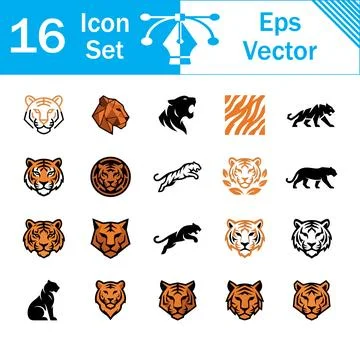 Set of 16 vector tiger and wild animal icons and logos in flat style Stockillustratie