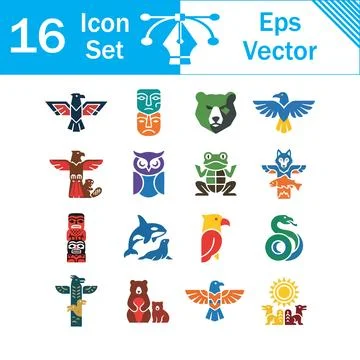 Set of 16 vector totem pole and tribal animal icons in flat style with trad.. Stock Illustration