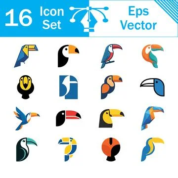 Set of 16 vector toucan bird icons and tropical wildlife logos with tropical Stock Illustration