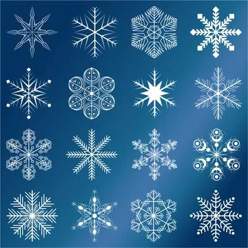 Set of 16 vector white snowflakes on a blue night background Stock Illustration