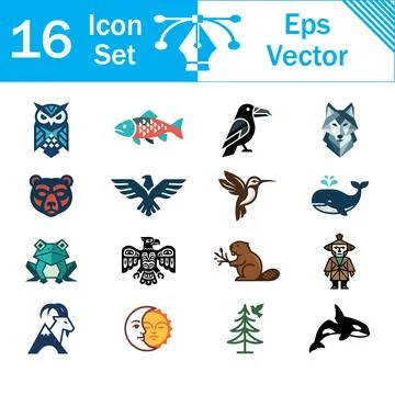 Set of 16 vector wild animal icons and nature symbols with wildlife Stock Illustration