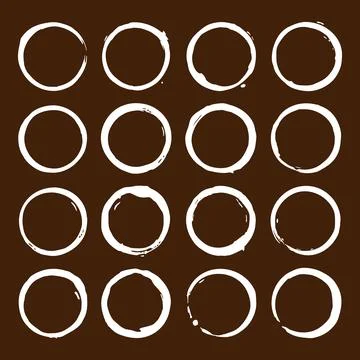 Set of 16 white coffee cup stains on brown background. Vector circular drink Stock Illustration