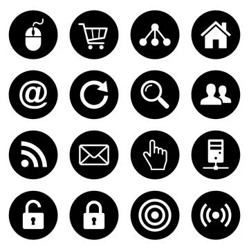 Set of 16 white technology and internet icons on black circles, including m.. Stock Illustration