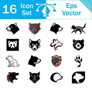 Set of 16 wild predator animal head and paw print vector icons with wolf head Stock Illustration