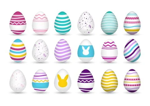 Set 18 of colorful realistic easter eggs. Illustrazione stock