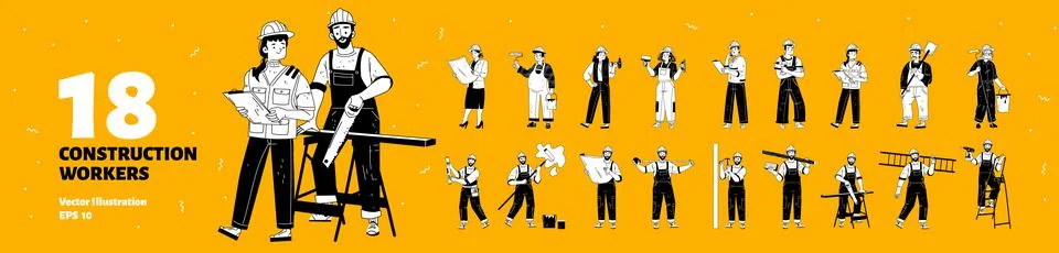 Set of 18 construction workers isolated on yellow 스톡 일러스트