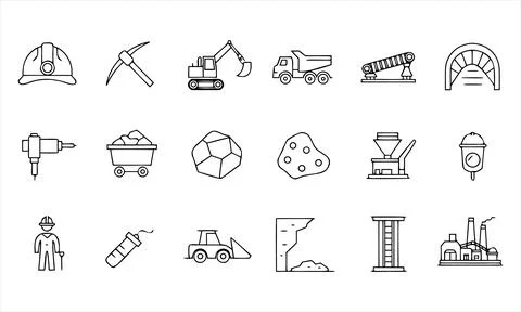 Set of 18 hand-drawn mining and construction industry line doodle Stock Illustration