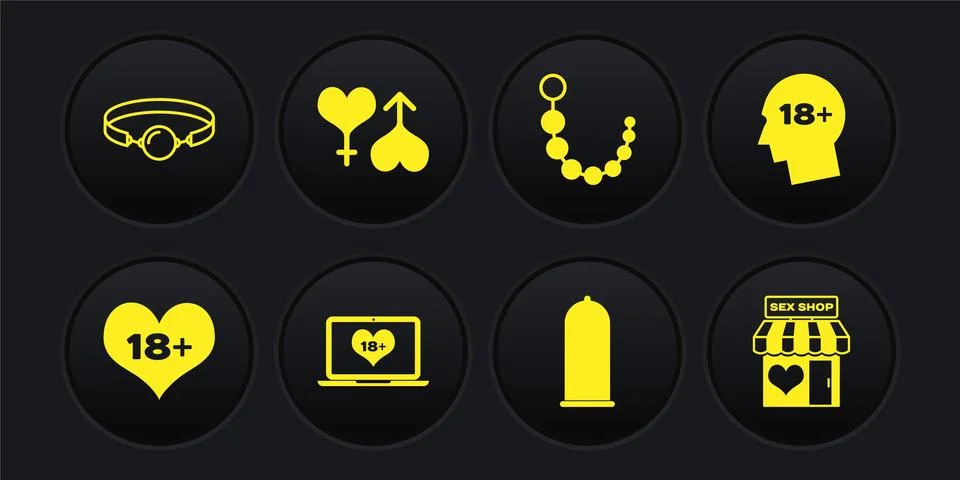 Set 18 plus content heart, Head with, Laptop, Condom safe sex, Anal beads, Male Ilustración de archivo