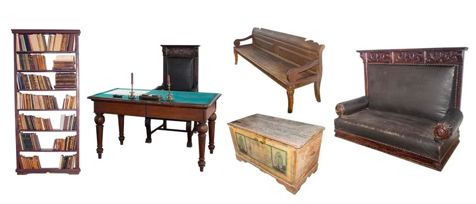 Set of 19th century vintage furniture on white, isolate. Stock Photos