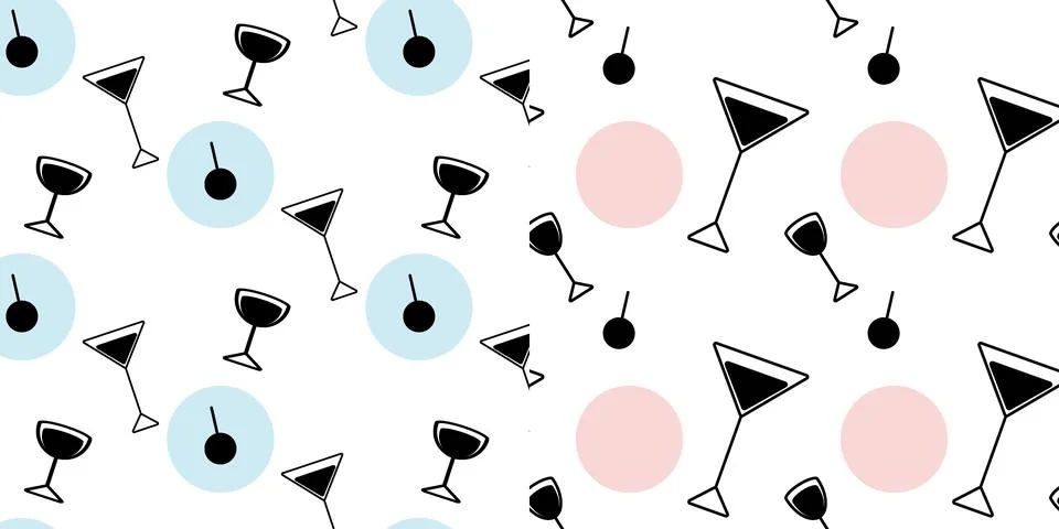 Set of 2 abstract seamless patterns from glasses and spot in trendy hues Stock Illustration