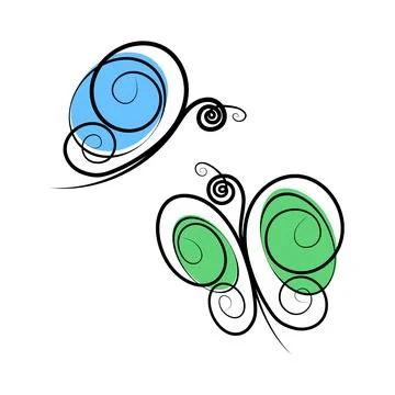Set of 2 abstract stylized butterflies with spots in trendy marker color. Line Stock-Illustration