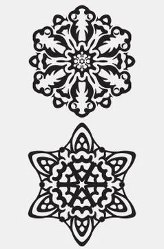Set of 2 abstract vector black round lace design in mono line style - mandala Stock Illustration