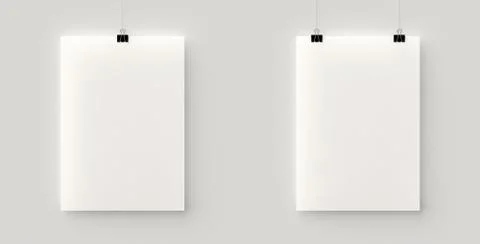 Set of 2 blank posters hanging on a thread with black clips Stock Illustration