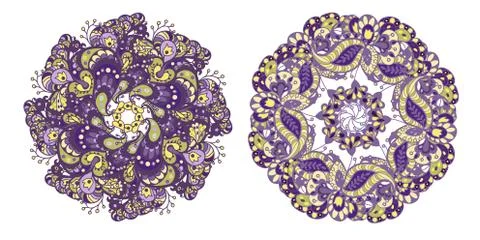 Set of 2 circle pattern elements in purple and golden colors for kitchenware, Stockillustratie