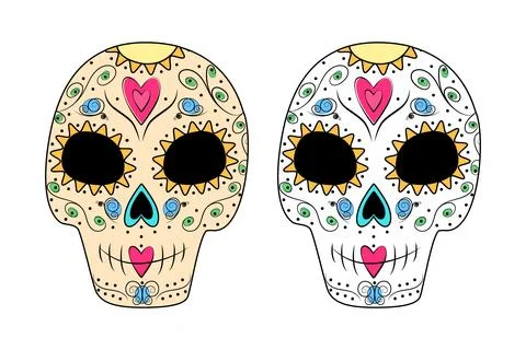 Set of 2 color patterned Sugar Skulls in trendy shades. Day of the Dead. Dia de Stock Illustration