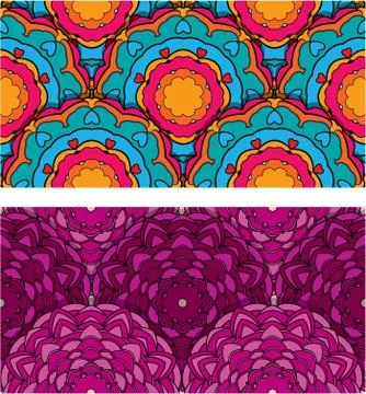 Set of 2 colorful seamless patterns with round ornaments, kaleidoscope floral Illustrazione stock
