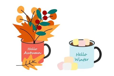 Set of 2 cups with autumn and winter lettering, a bouquet of autumn leaves and Illustrazione stock