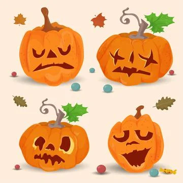 Set of 2 of four pumpkins flat illustration for halloween holiday background Stock Illustration