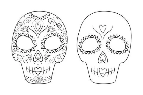 Set of 2 patterned Outline drawing Sugar Skulls. Day of the Dead. Dia de los Stock Illustration