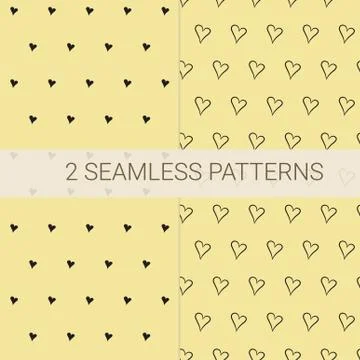 Set of 2 seamless patterns in black and yellow with small hearts. Stock Illustration