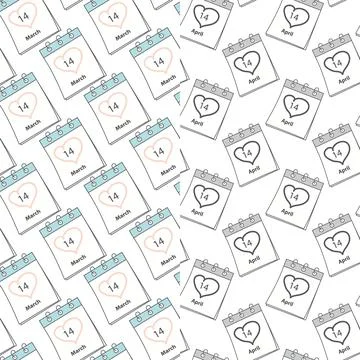 Set of 2 seamless patterns of calendar pages with 14 March and 14 April Date Illustrazione stock