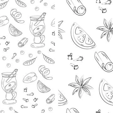Set of 2 seamless patterns with cup of mulled wine and spice ingredients. Hand Stock Illustration