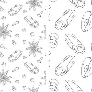 Set of 2 seamless patterns with spice and ingredients for mulled wine. Hand Stock Illustration