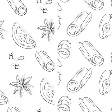 Set of 2 seamless patterns with spice ingredients for mulled wine. Hand drawn Stock Illustration