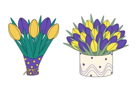 Set 2 tulips bouquets in wrapping paper and box. Design elements for springtime Illustrazione stock