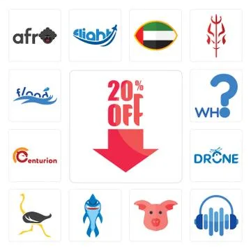 Set of 20% off, audio visual, pig face, shark mascot, ostrich, drone photogra Illustrazione stock gratuita