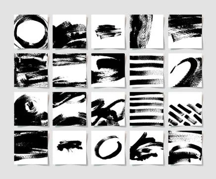 Set of 20 black ink brushes grunge square pattern, hand drawing Stock Illustration