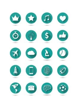 Set of 20 different vector flat icons with long shadow on green Stock Illustration