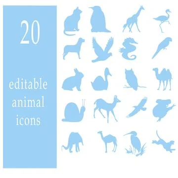 Set of 20 editable flat style animal icons. Stock Illustration