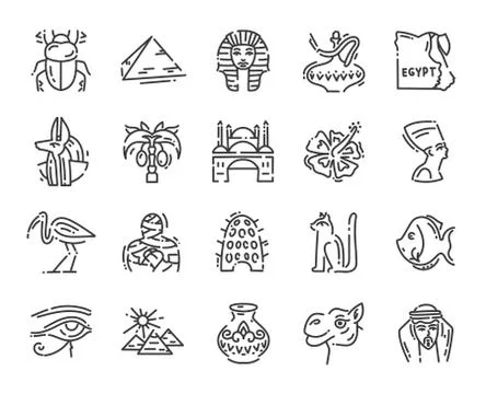 Set of 20 flat icons of Egypt culture, design elements isolated on white for web Stock Illustration
