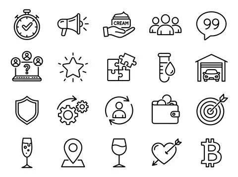 Set of 20 modern line icons representing business, finance, technology, and.. Ilustración de archivo