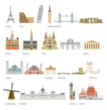Set of 20 Monuments of Europe. Vector illustration Illustration